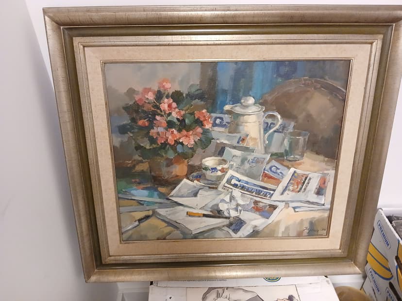 Schilderij bloemen met cabinepos